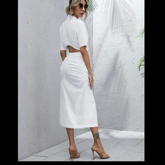 Basics White Rushed Button up Midi Dress - Picture 3 of 6